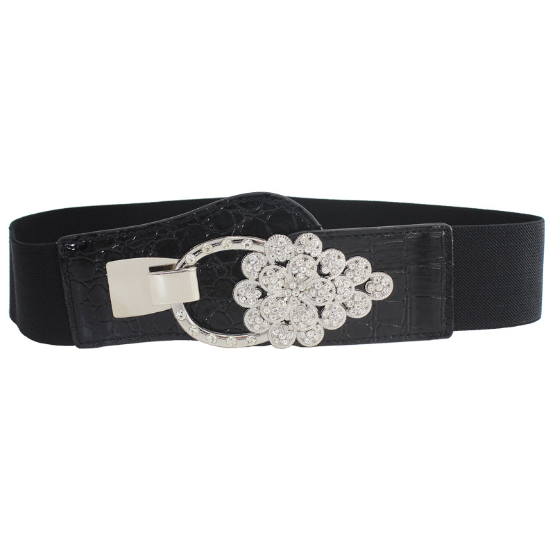 Floral diamante incrustado hebilla cintura elástica sello vestido de moda de las mujeres cintura decorativa 5cm negro elástico cinturón ancho 7