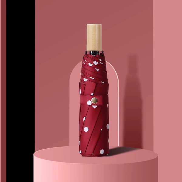 Open the small wooden handle of three folds and dot vinyl wine red