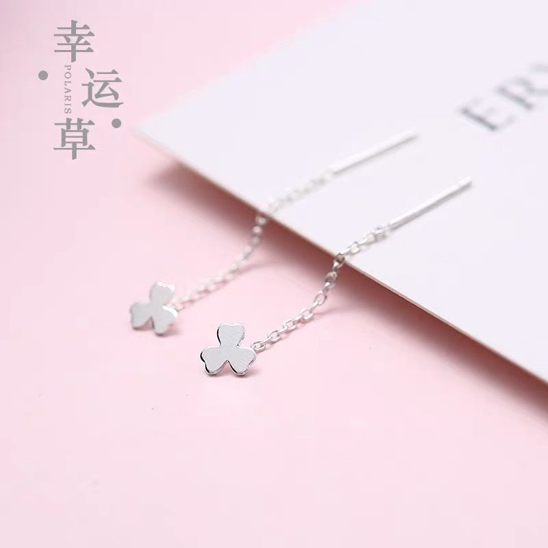 S925 plata fresca suerte pendientes para estudiantes estilo coreano simple gotas para los oídos cadena neta trébol rojo líneas al por mayor