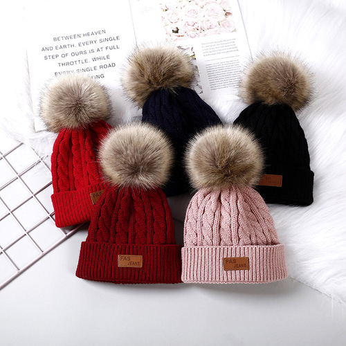 New Autumn/Winter Children's Knitted Wool Beanie with Embroidered Balls, Thick Hemp Pattern Baby Hooded Hat