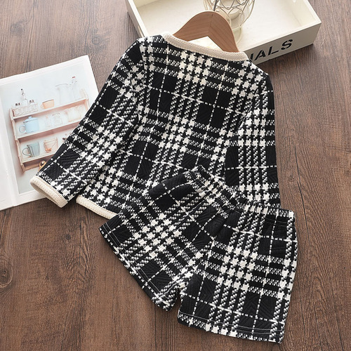 Foreign trade autumn new children's suit girls' western style black plaid pattern jacket + shorts two-piece set