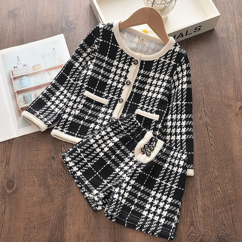 Foreign trade autumn new children's suit girls' western style black plaid pattern jacket + shorts two-piece set