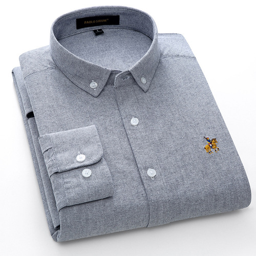 Pure Cotton Oxford Fabric Men's Long-Sleeve Solid Color Shirt Large Size All-Cotton Embroidered Blouse