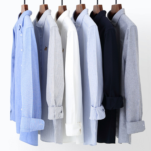Pure Cotton Oxford Fabric Men's Long-Sleeve Solid Color Shirt Large Size All-Cotton Embroidered Blouse