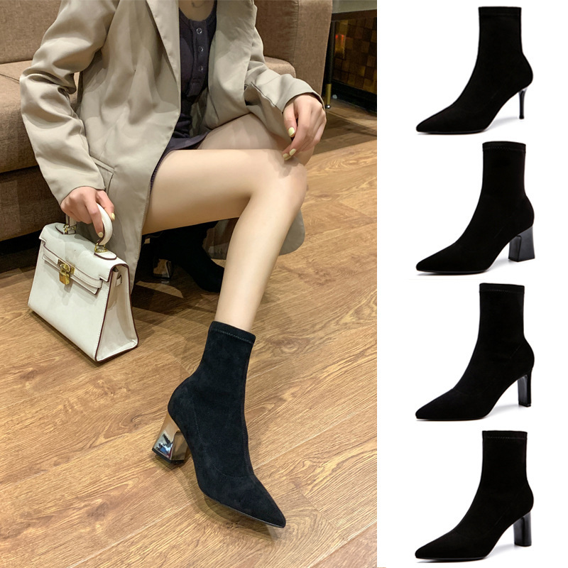Black Pointed Toe Thick Heel High Heel Short Boots for Women 2025 Autumn and Winter New Elastic Slim Boots Mid-Calf Socks Boots Single Boots