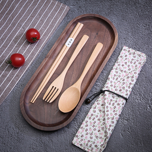 Japanese creative portable spoon, chopsticks and fork three-piece set Internet celebrity Western food gift tableware wooden spoon new string-wrapped chopsticks