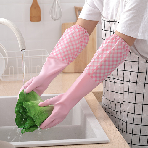 Dishwashing gloves with extended rubber cleaning flower sleeves, random cuffs, velvet thickened latex gloves, women's laundry gloves