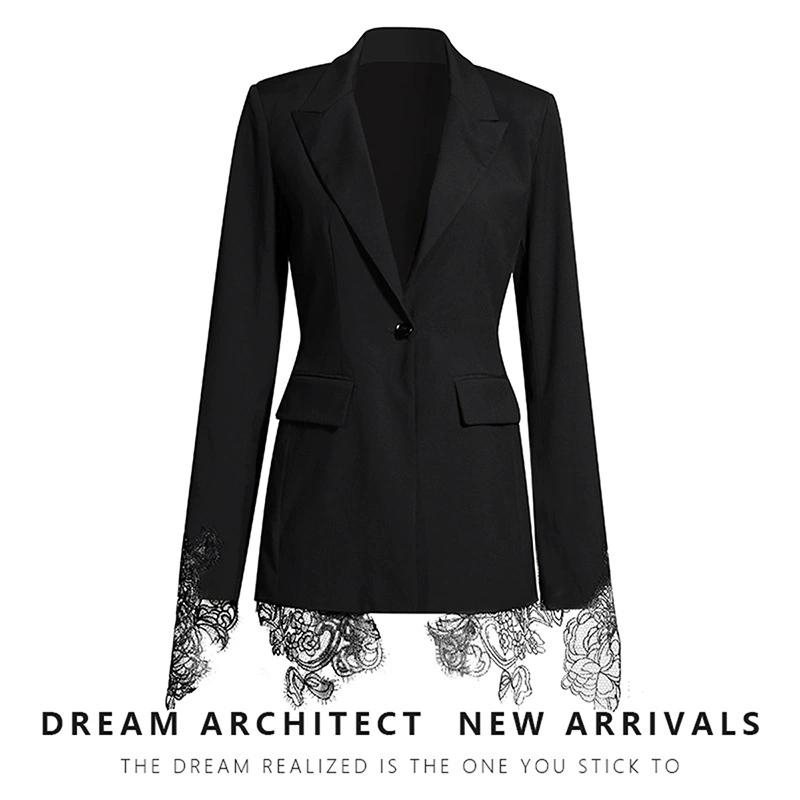 Classic Spring Suit Jacket, Lace Trim & Embroidery, Single-Button Tailored Blazer