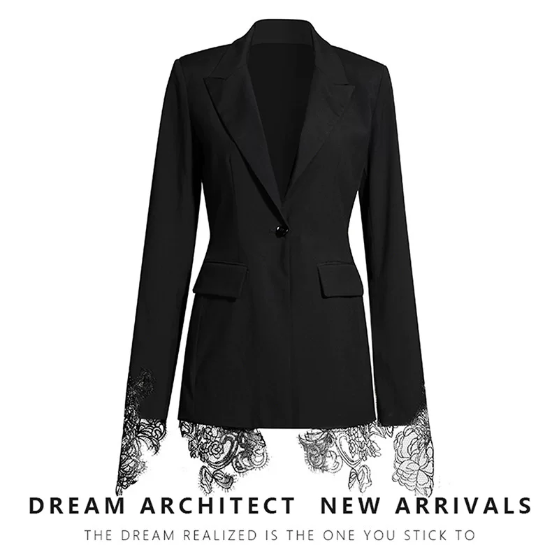 Classic Spring Suit Jacket, Lace Trim & Embroidery, Single-Button Tailored Blazer