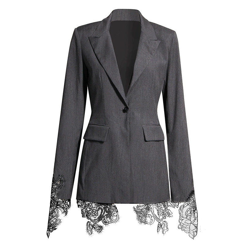 Classic Spring Suit Jacket, Lace Trim & Embroidery, Single-Button Tailored Blazer