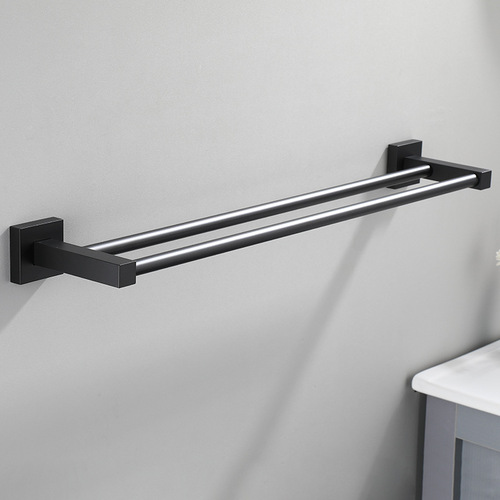 Space aluminum black towel rack double rod square bathroom hotel double-layer towel rack towel bar single rod hanging rod