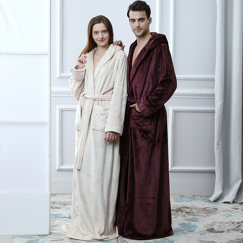 Autumn and Winter Long Ankle-Length Thickeneded Warm Flannel Nightgown Couple Hooded Large Size Coral Velvet Bathrobe Men's Pajamas