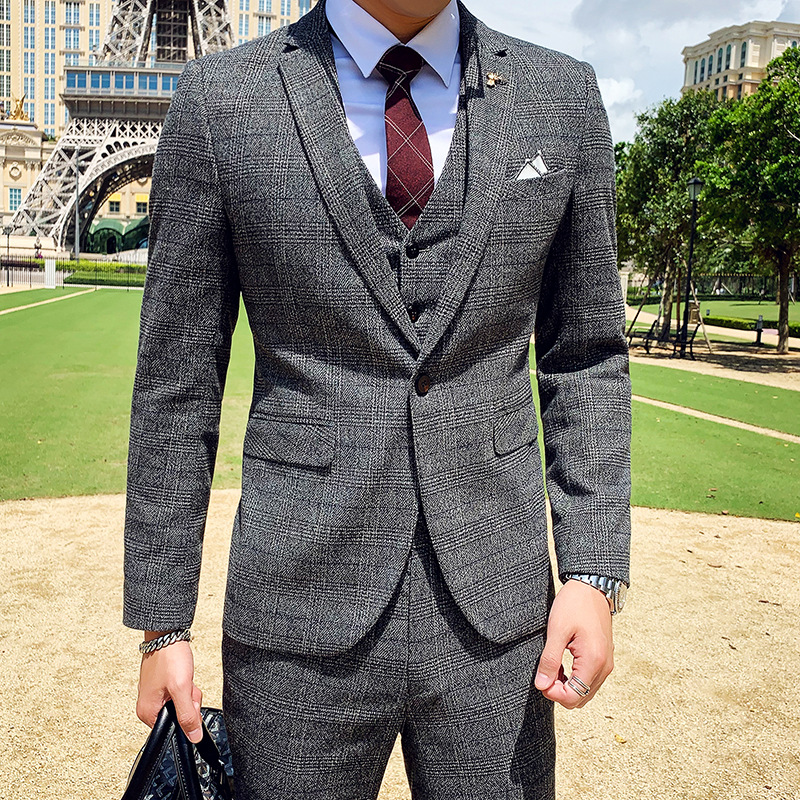 Men's Clothing Men's suit three piece trousers 2024 new plaid suit suit slim men's suit three piece suit_voghion.com