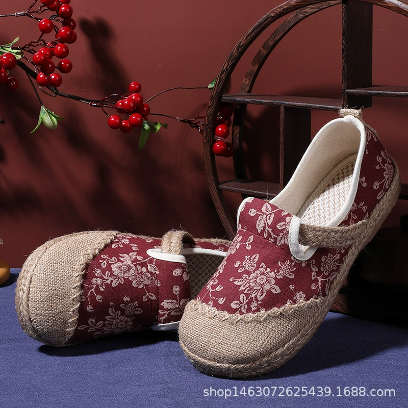 Новая Женская одиночная обувь в этническом стиле, хлопчатобумажная льняная обувь, дышащая льняная обувь для рыбака, повседневная обувь Lazy Old Beijing из ткани с круглым носком для женщин