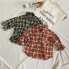 Children's Cotton Linen Shirt 2023 Spring Medium and Small Children's Check Shirt Trendy Children's Fashion Loose Long-Sleeved Collar Shirt