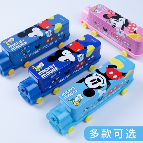Disney Children's Learning Stationery Box Cartoon Double Decker Train Multi-functional Creative Primary School Iron Pencil Case