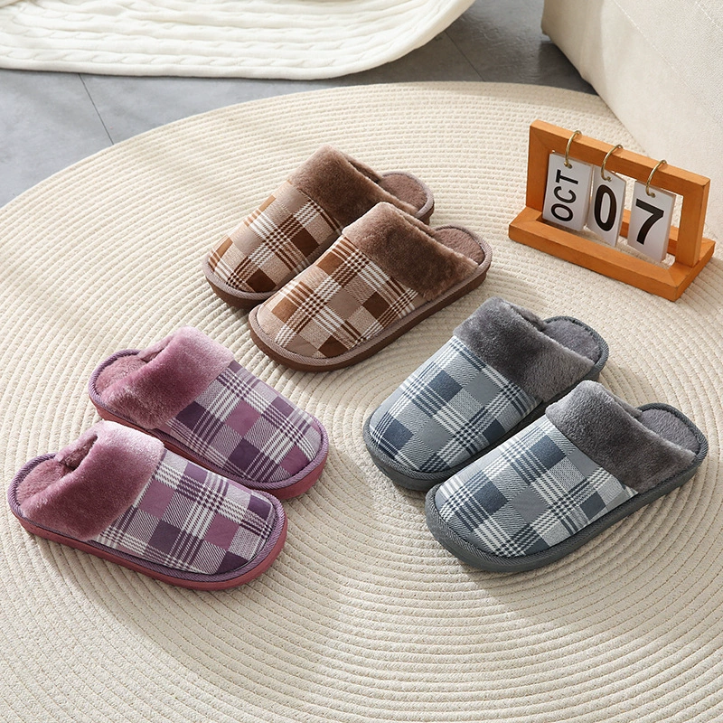 Осенне-зимние хлопковые тапочки в клетку для женщин и пар, теплые домашние тапочки на толстой подошве с меховой подкладкой, очень толстые и теплые.