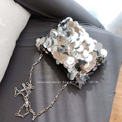Retro silver shiny bag hand-woven beaded sequin bag mobile phone bag long shoulder strap single shoulder crossbody bag for women