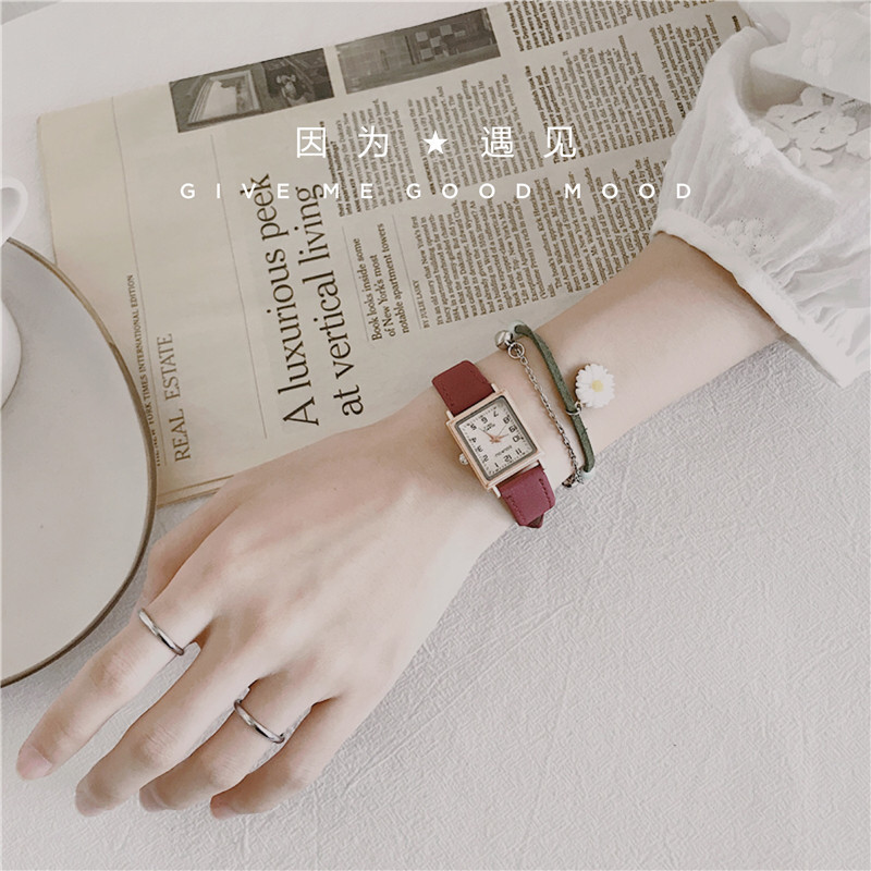 Watch Retro Literary Hong Kong Style Fashion Simple Rectangular Burgundy Belt Workplace Temperament Student Waterproof Quartz Women's Watch