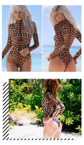 Cross-border products New European and American sexy lingerie Leopard print one-piece long-sleeved swimsuit Factory direct sales