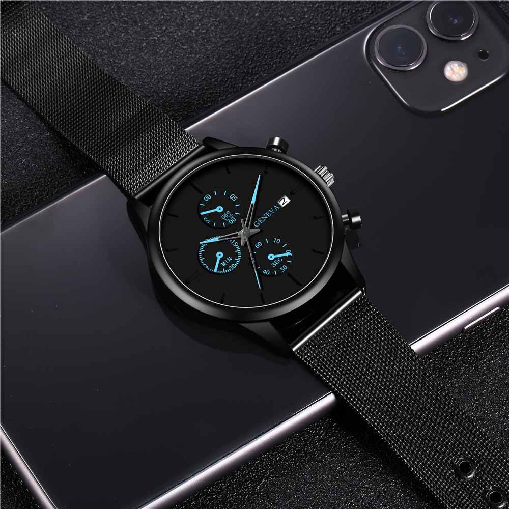 Factory Direct Supply of New Men's Watches, Hot Selling Trendy and Fashionable Fake Three-Eye Men's Mesh Strap Calendar Watches for Dropshipping