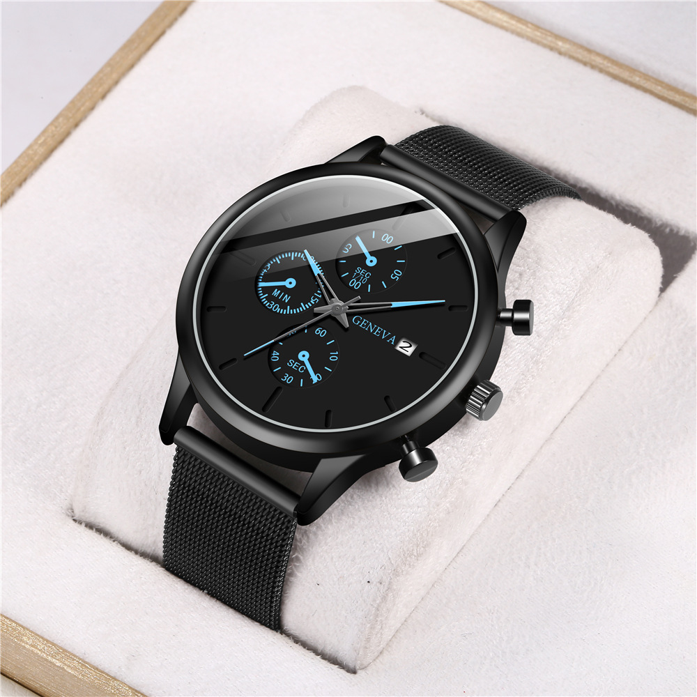 Factory Direct Supply of New Men's Watches, Hot Selling Trendy and Fashionable Fake Three-Eye Men's Mesh Strap Calendar Watches for Dropshipping