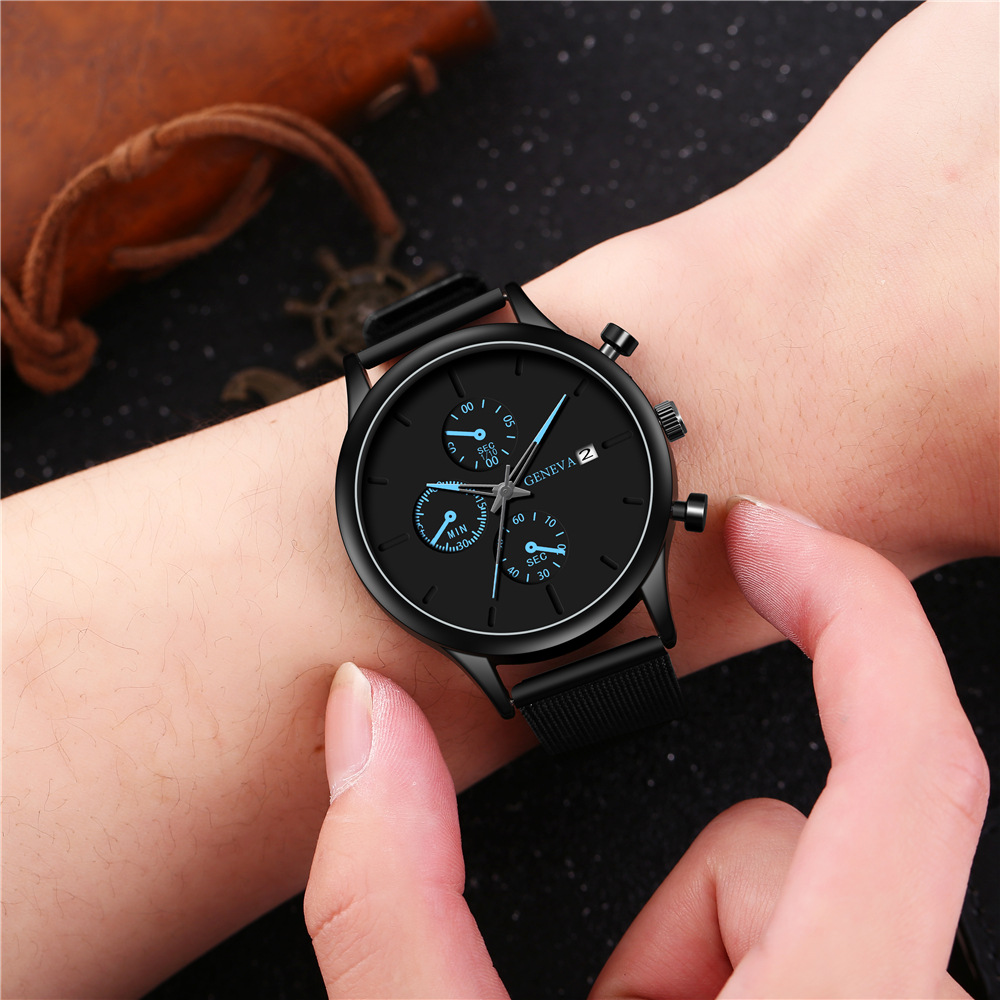 Factory Direct Supply of New Men's Watches, Hot Selling Trendy and Fashionable Fake Three-Eye Men's Mesh Strap Calendar Watches for Dropshipping