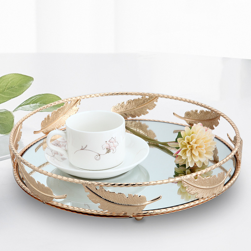European-Style Wrought Iron Golden Glass Tray with Mirror Base, Metal Jewelry Display Decoration, Fruit Storage Tray, Hand-Plated Gold European-Style Wrought Iron Golden Glass Tray with Mirror Base, Metal Jewelry Display Decoration, Fruit Storage Tray, Hand-Plated Gold