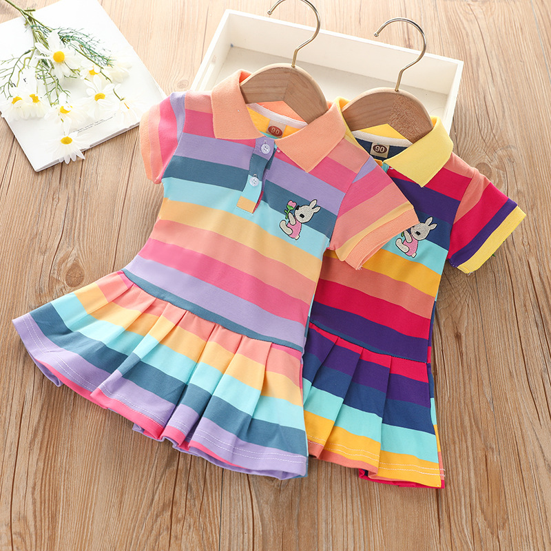 2024 New Summer Kidsren's Clothing Short-Sleeved Thin Princess Dress Girls Dress Kidsren Baby Girl Rainbow Pleated Skirt