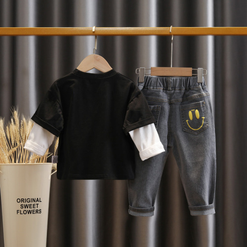 Boys spring suit  new children's fake two-piece t-shirt spring and autumn baby autumn Korean style children's jeans