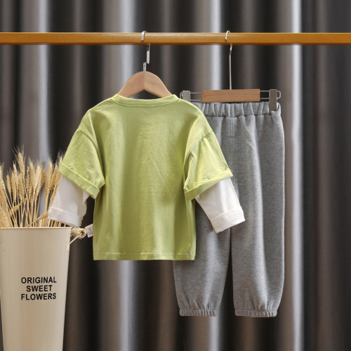 Boys spring suit  new children's fake two-piece t-shirt spring and autumn baby autumn Korean style children's jeans