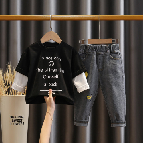Boys spring suit  new children's fake two-piece t-shirt spring and autumn baby autumn Korean style children's jeans