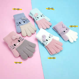 儿童手套男童女童6-14岁冬季保暖分指手套可爱猫咪加厚弹性大