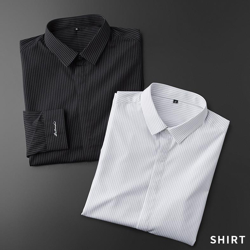Affari leggeri a maniche lunghe, sensazione di fascia alta, abbottonatura scura, bella camicia a righe, casual professionale da uomo, pollici_voghion.com