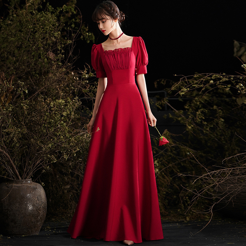 Bride's Toast Dress 2026 Spring New Modern Elegant Burgundy Long Puff Sleeve Wedding Dress for Women