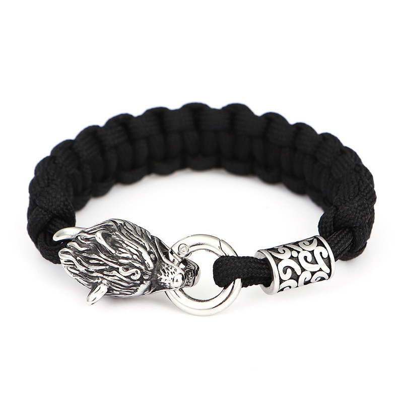 Nordic mythology Viking stainless steel titanium steel wolf head umbrella rope handmade bracelet men's jewelry black wholesale
