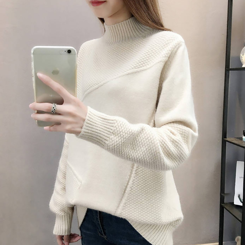 2024 Autumn and Winter New Korean Style Women's Knitted Loose Half-Turtleneck Sweater Women's Base Shirt Pullover Knitwear