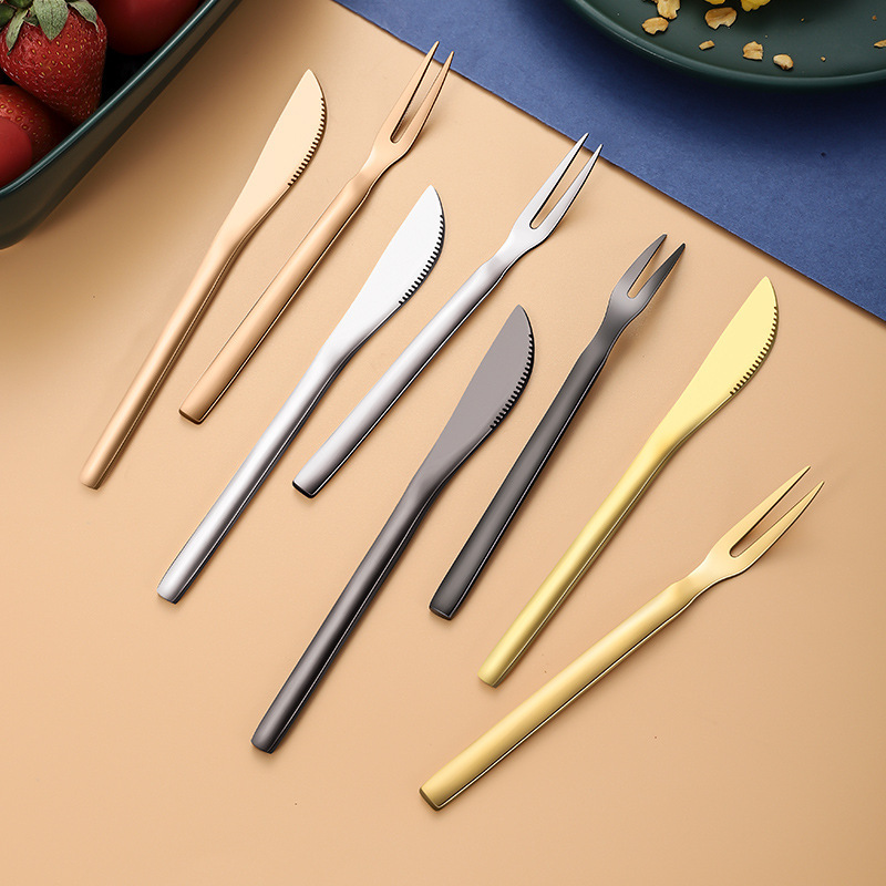 Stainless Steel Mooncake Knife and Fork, Dessert Fork, Golden Two-Tooth High-Value Fruit Fork, Mooncake Fork with Laser Logo Stainless Steel Mooncake Knife and Fork, Dessert Fork, Golden Two-Tooth High-Value Fruit Fork, Mooncake Fork with Laser Logo