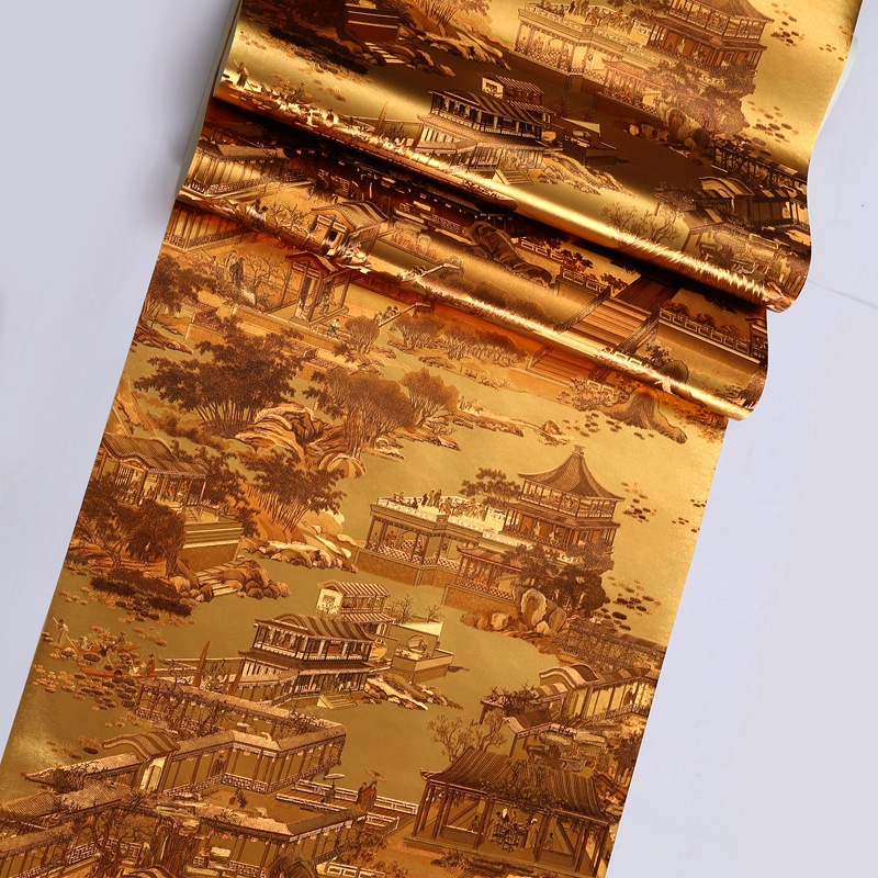 Golden 3D Qingming Shanghe Picture Wallpaper TV Background Restaurant Hotel Box Retro New Chinese Gold Foil Wallpaper