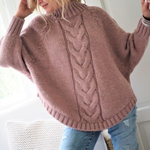 Hot sweater autumn and winter European and American loose bat-sleeve semi-high-neck sweater women's twist