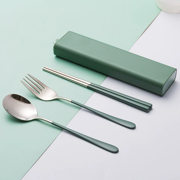 Three -piece set of dark green spoon fork chopsticks+boxes