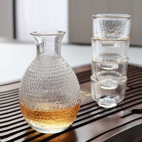Japanese sake pot, sake cup, gold hammered glass wine dispenser, white wine cup, hot pot, wine warmer, wine set
