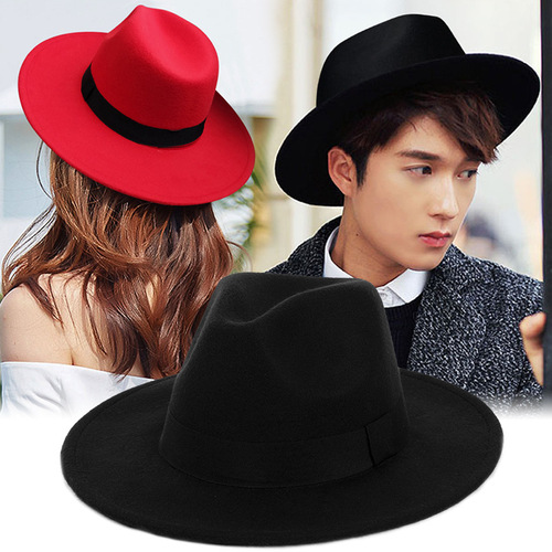 European and American style spring, autumn and winter imitation felt large brim hat British retro woolen hat for men and women casual Panama jazz hat