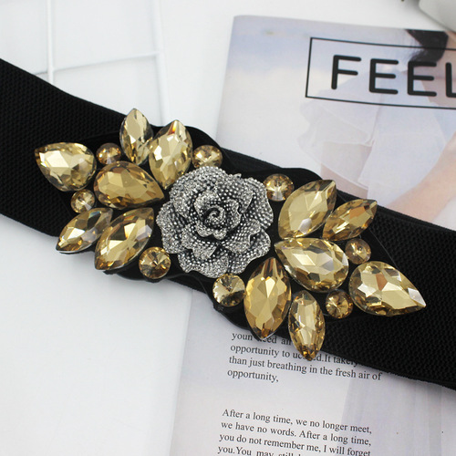 Rose rhinestone inlaid elastic elastic belt for women with dress down jacket decorated with black waistband