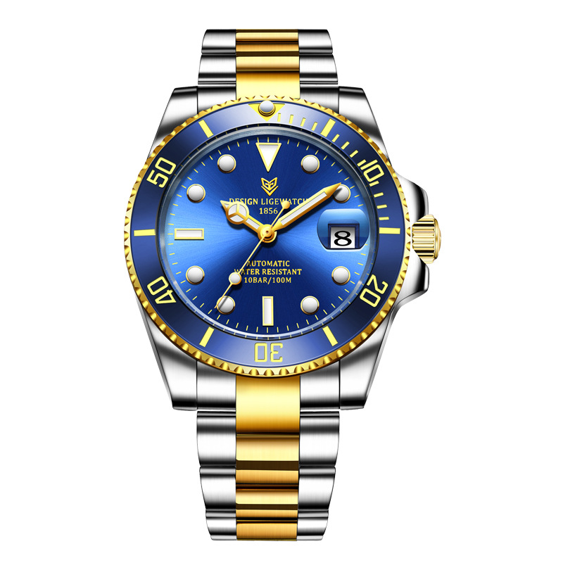LIGE reloj de acero inoxidable para hombre reloj mecánico automático calendario agua fantasma reloj luminoso reloj de buceo 6801