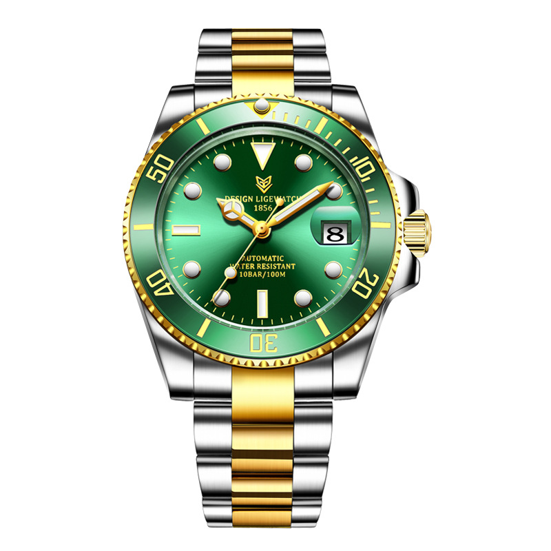 LIGE reloj de acero inoxidable para hombre reloj mecánico automático calendario agua fantasma reloj luminoso reloj de buceo 6801