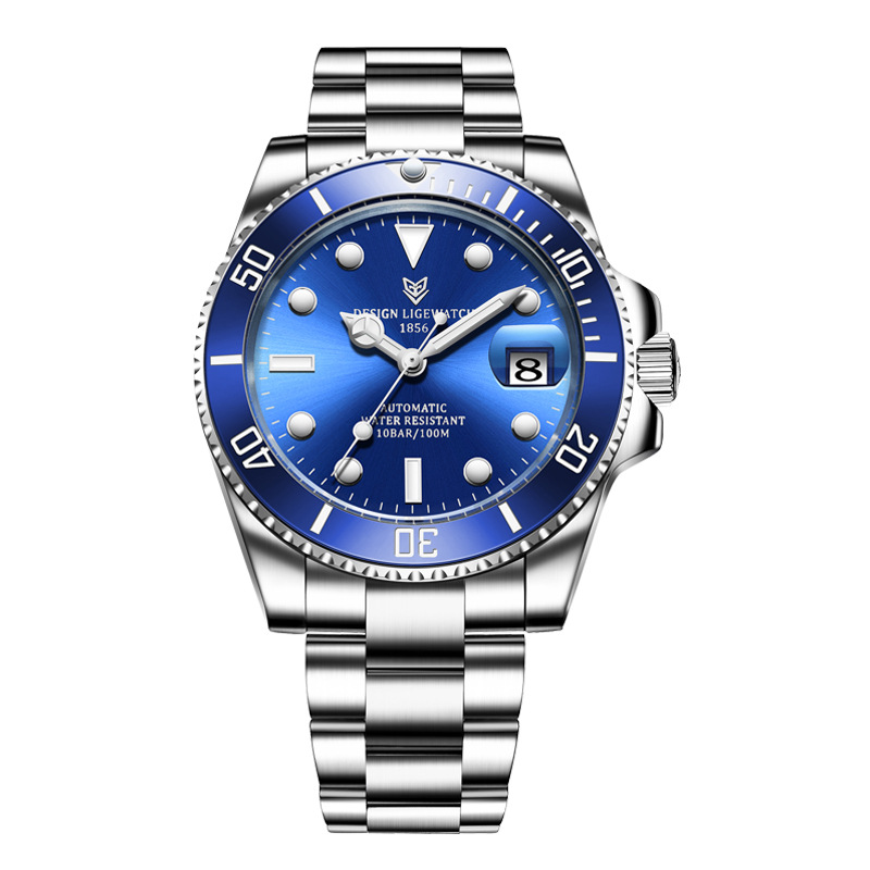 LIGE reloj de acero inoxidable para hombre reloj mecánico automático calendario agua fantasma reloj luminoso reloj de buceo 6801