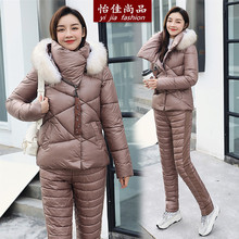 速卖通2020冬季新款滑雪服韩版加厚棉衣女套装大毛领两件套棉服女