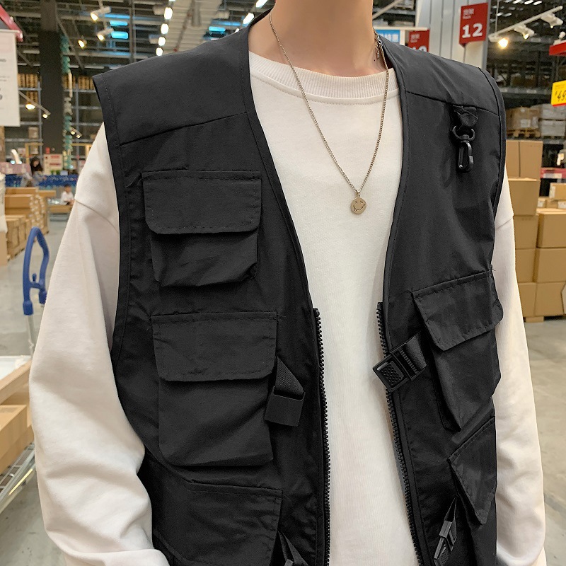 春秋insレトロ機能風工装馬甲男韓版潮牌ヒップホップカン肩ベストbf上着コート