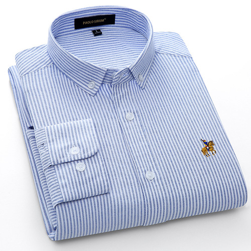 Pure Cotton Oxford Fabric Men's Long-Sleeve Solid Color Shirt Large Size All-Cotton Embroidered Blouse